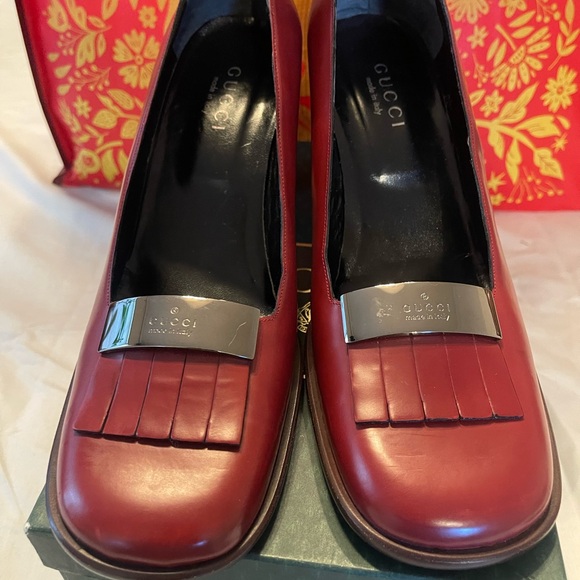 Gucci Shoes - Gucci Women's Burgundy Leather Loafers with Silver Accent